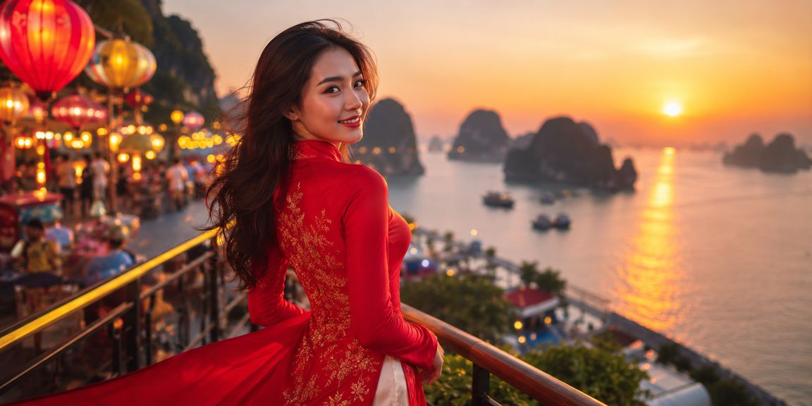 Phụ nữ mặc áo dài sử dụng ứng dụng casino trên vịnh Hạ Long